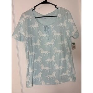 New Legacy Falls‎ Women's Blue Horse Print Tie Neck Summer Equestrian Size L